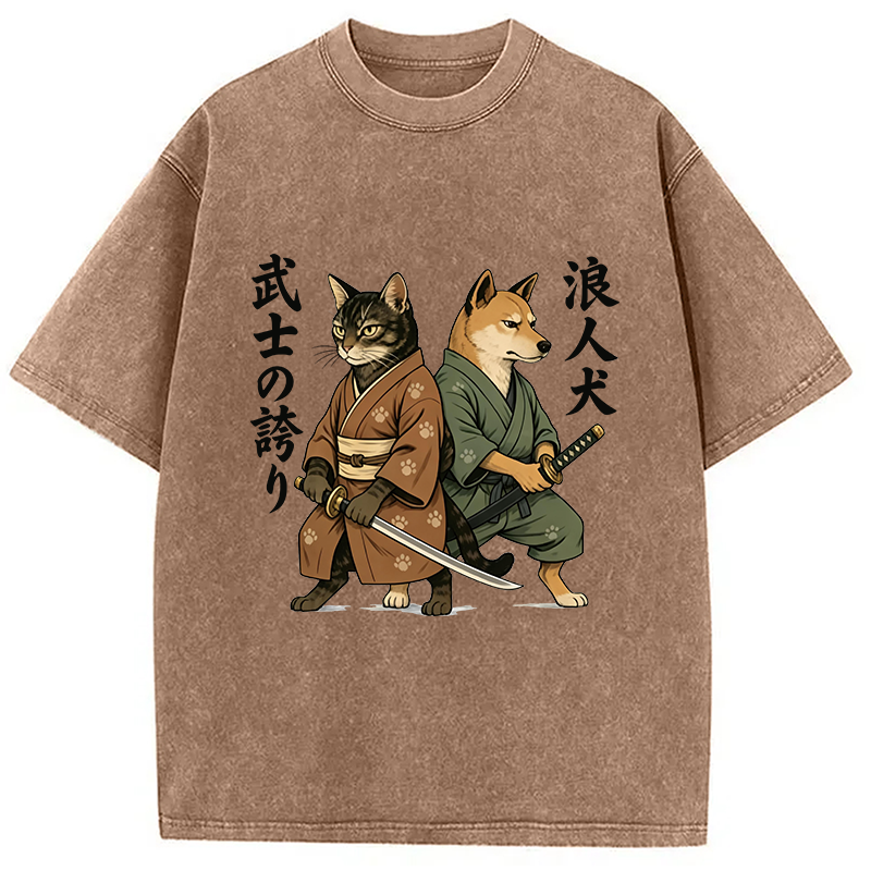 Tokyocanvas Samurai Cat vs Ronin Dog Washed T-Shirt