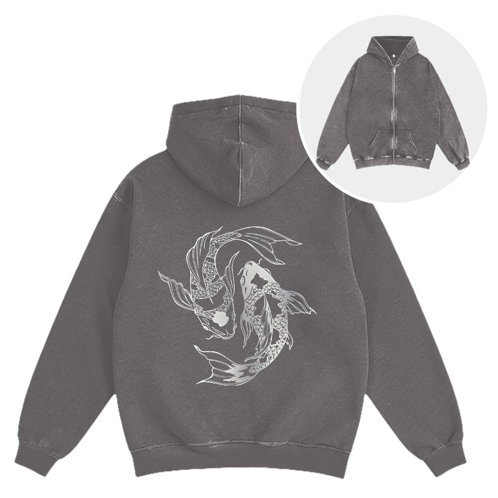 Tokyocanvas Japanese Streetwear Koi Fish Washed Zip Hoodie