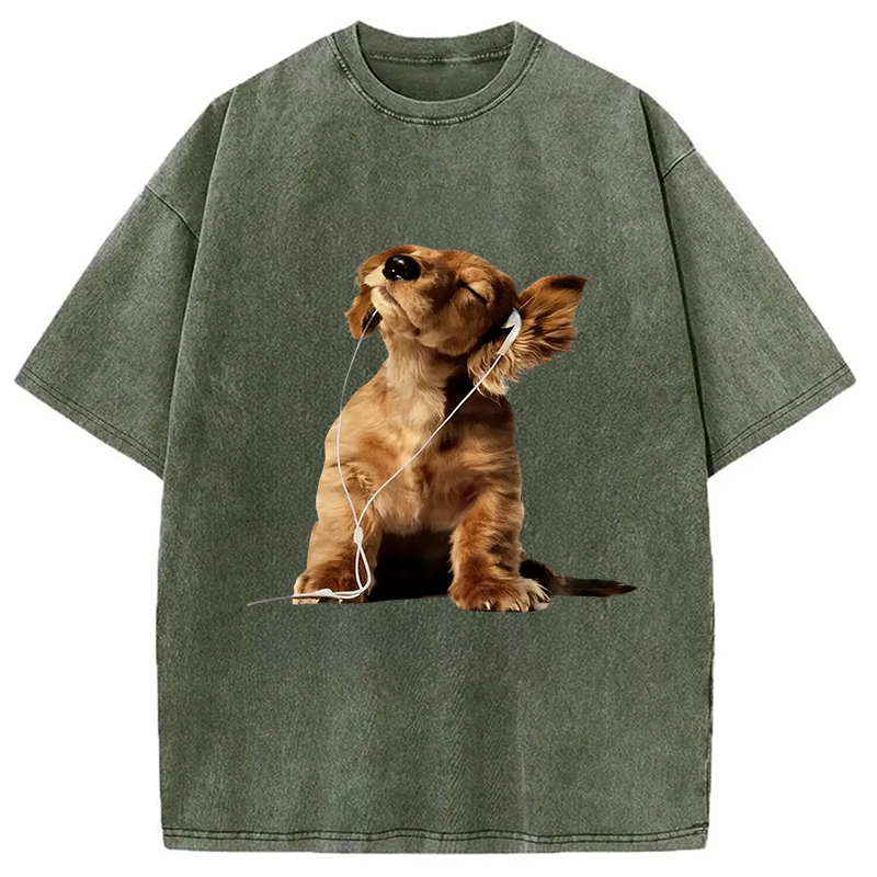 Tokyocanvas Dog Listening to Music Washed T-Shirt