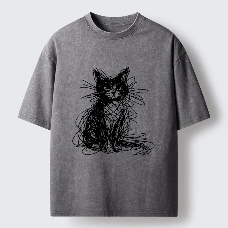 Tokyocanvas Funny Messy Line Cat Washed T-Shirt