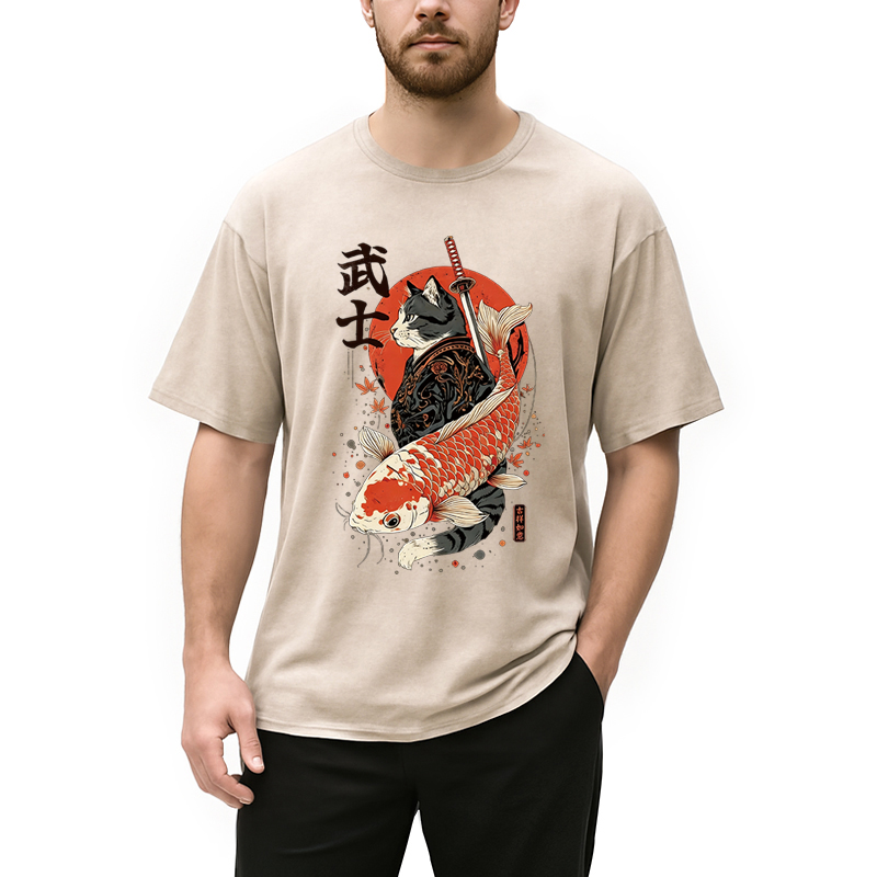 Tokyocanvas Samurai Cat And Koi Washed T-Shirt