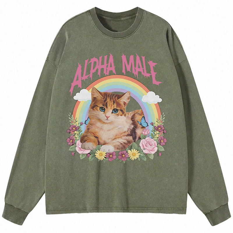Tokyocanvas Alpha Male Funny Kitten Meme Long Sleeve Washed T-Shirt