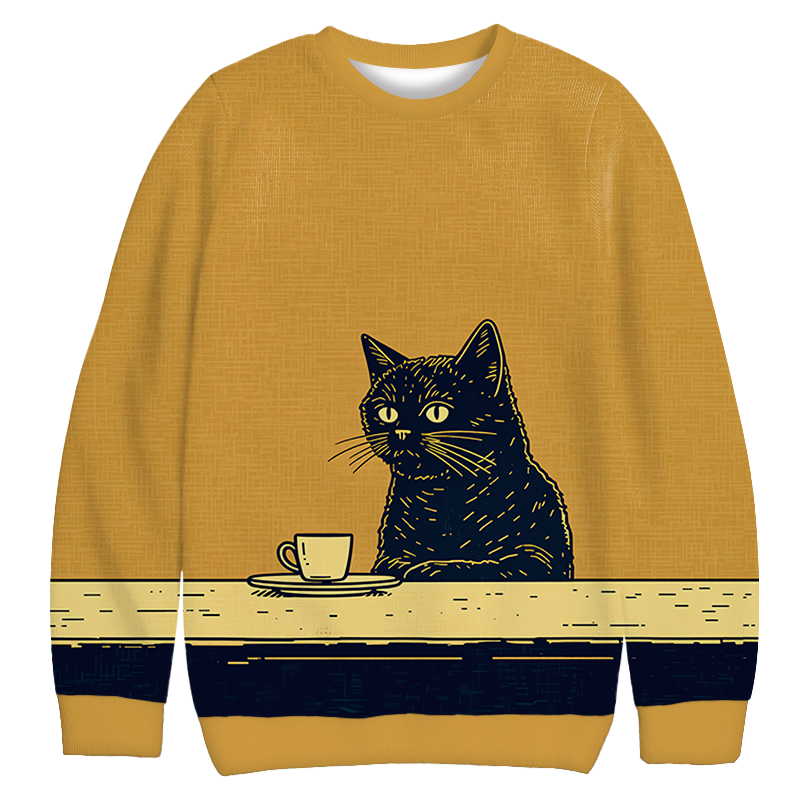 Tokyocanvas Black Cat Waiting for Coffee Casual Ugly Sweatshirt