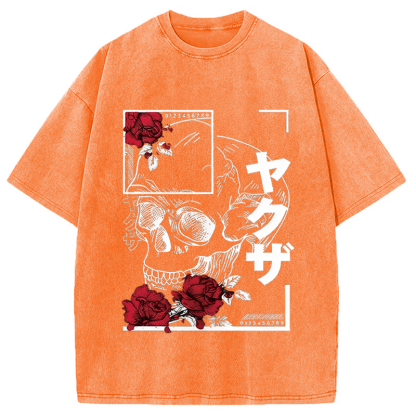 Tokyocanvas Skull Red Roses Washed T-Shirt