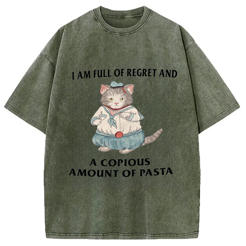 Tokyocanvas I Am Full Of Regret And A Copious Amount Of Pasta Cats Meme Washed T-Shirt