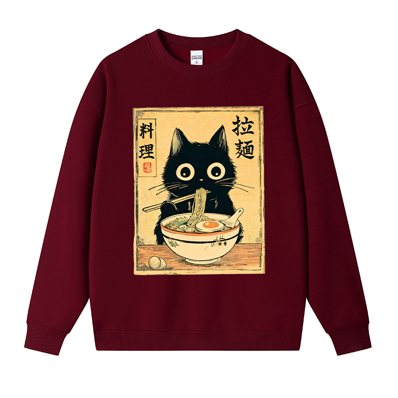 Tokyocanvas Cute Black Cat Eating Ramen Fleece Lined Sweatshirt
