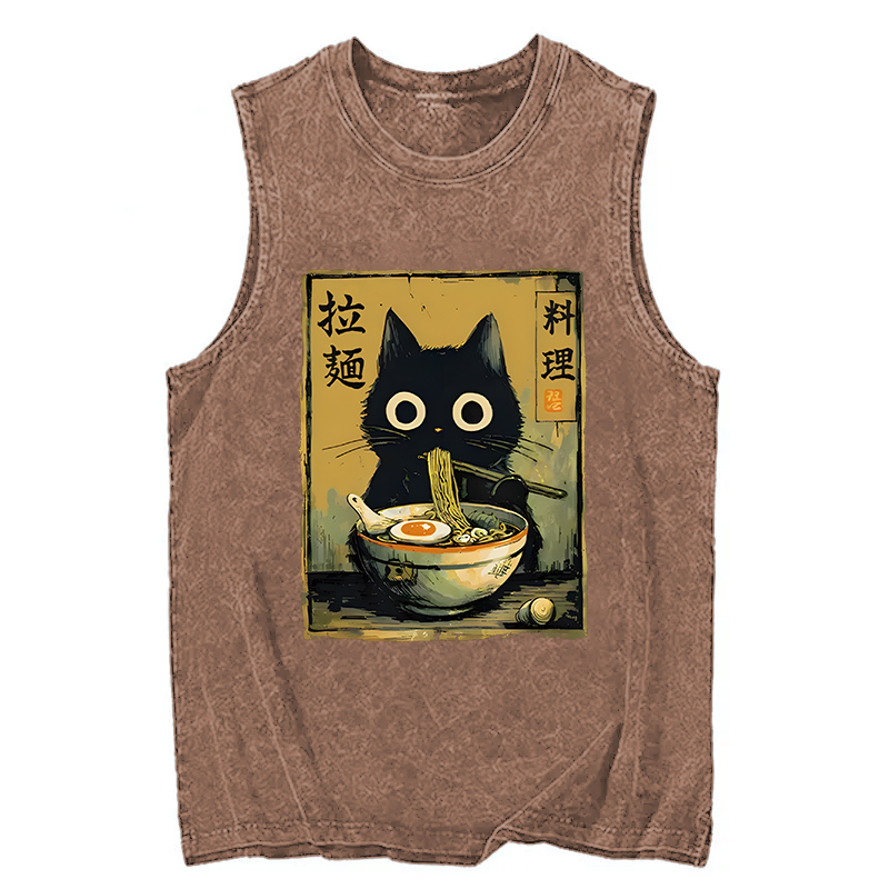 Tokyocanvas Cute Black Cat Eating Ramen Washed Tank