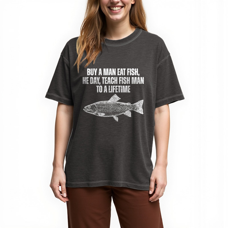 Tokyocanvas Buy a Man Eat Fish Funny Meme Gradient Washed T-Shirt