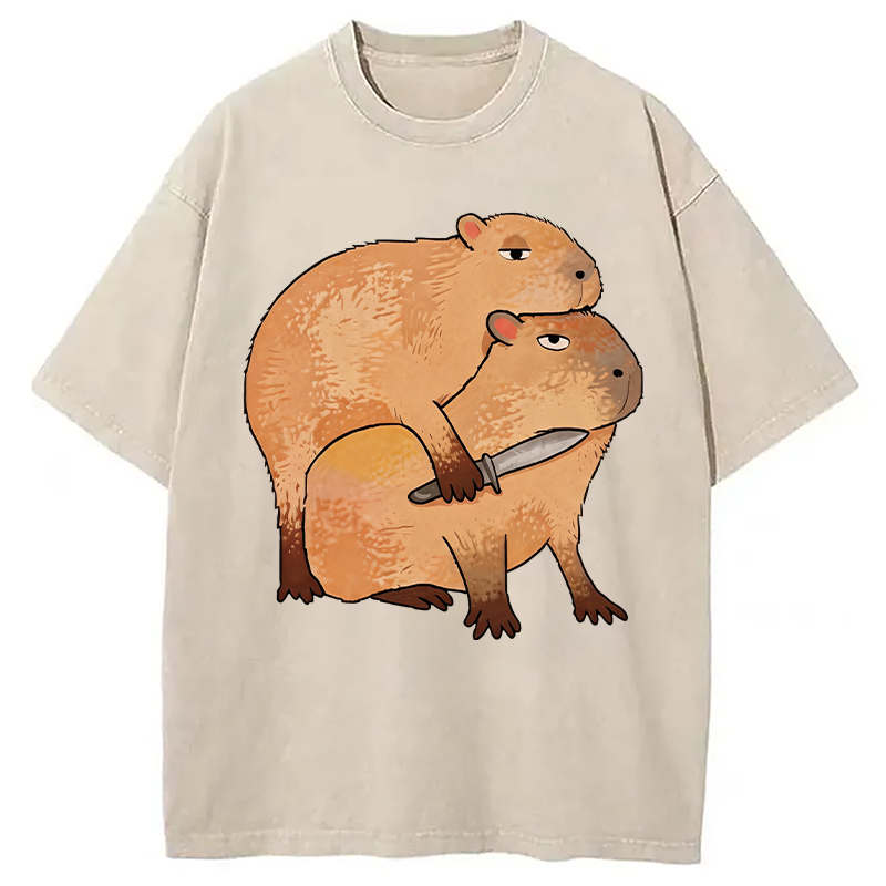 Tokyocanvas Capybara With Knife Funny Washed T-Shirt