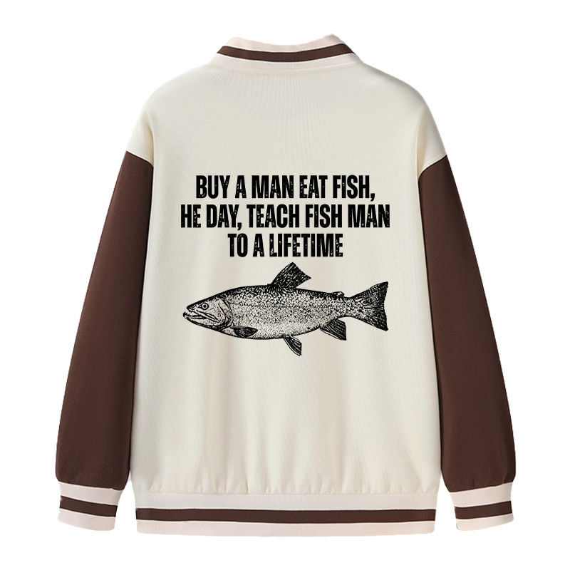 Tokyocanvas Buy a Man Eat Fish Funny Meme Varsity Jacket