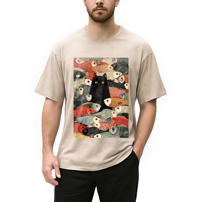Tokyocanvas Black Cat Koi Fish Washed T-Shirt