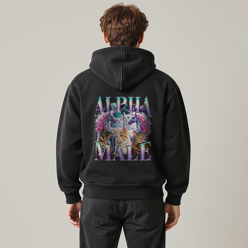 Tokyocanvas Alpha Male Unicorn Cat Washed Zip Hoodie