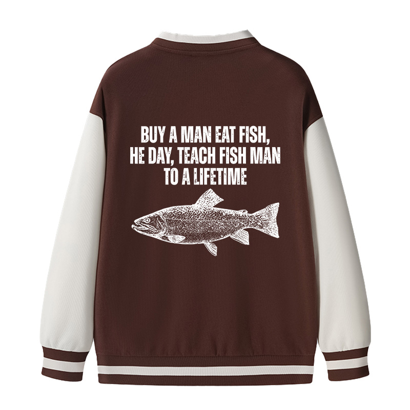 Tokyocanvas Buy a Man Eat Fish Funny Meme Varsity Jacket