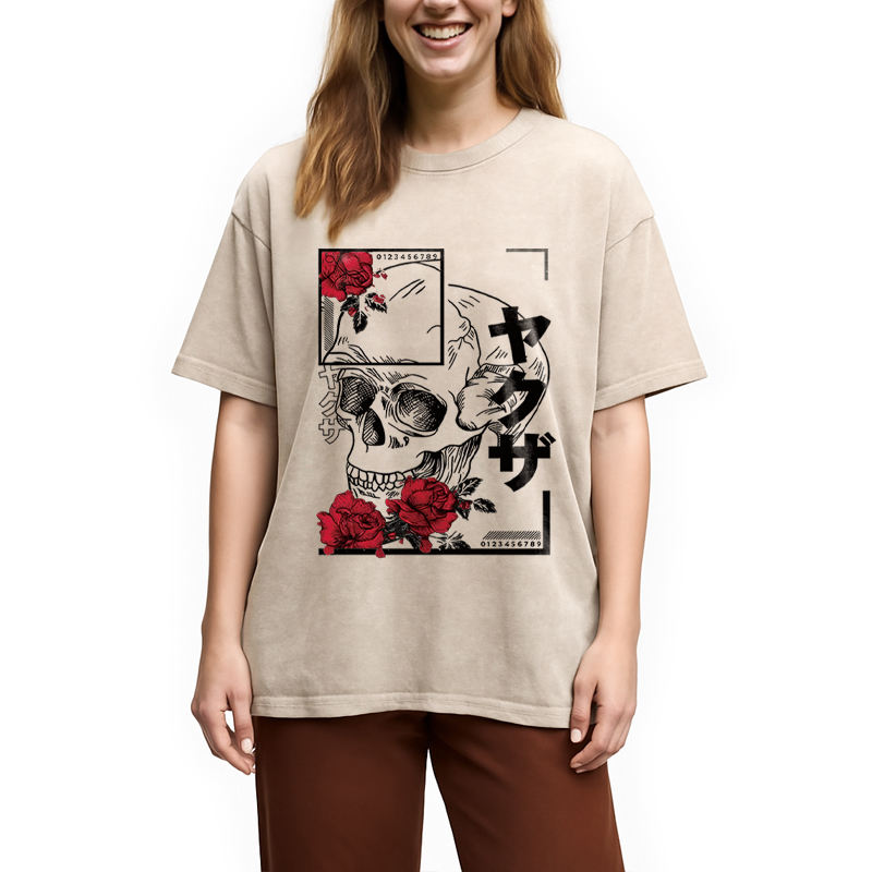 Tokyocanvas Skull Red Roses Washed T-Shirt