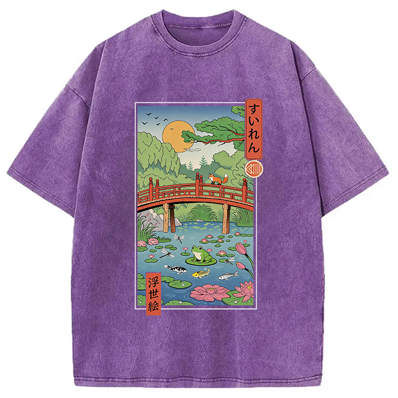 Tokyocanvas Water Lilies Ukiyo-e Washed T-Shirt