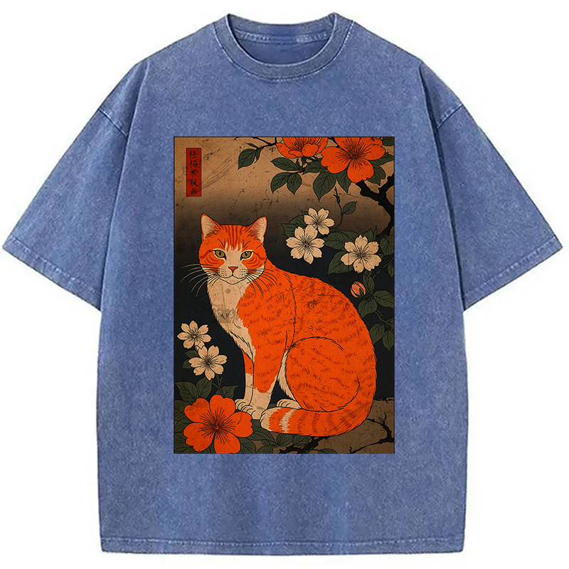 Tokyocanvas Orange Cat Japanese Art Washed T-Shirt