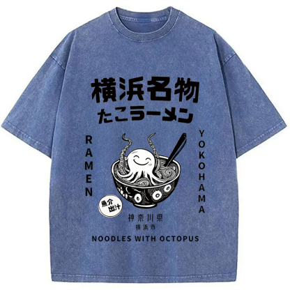 Tokyocanvas Japanese Kanji Art Octopus Ramen Washed T-Shirt