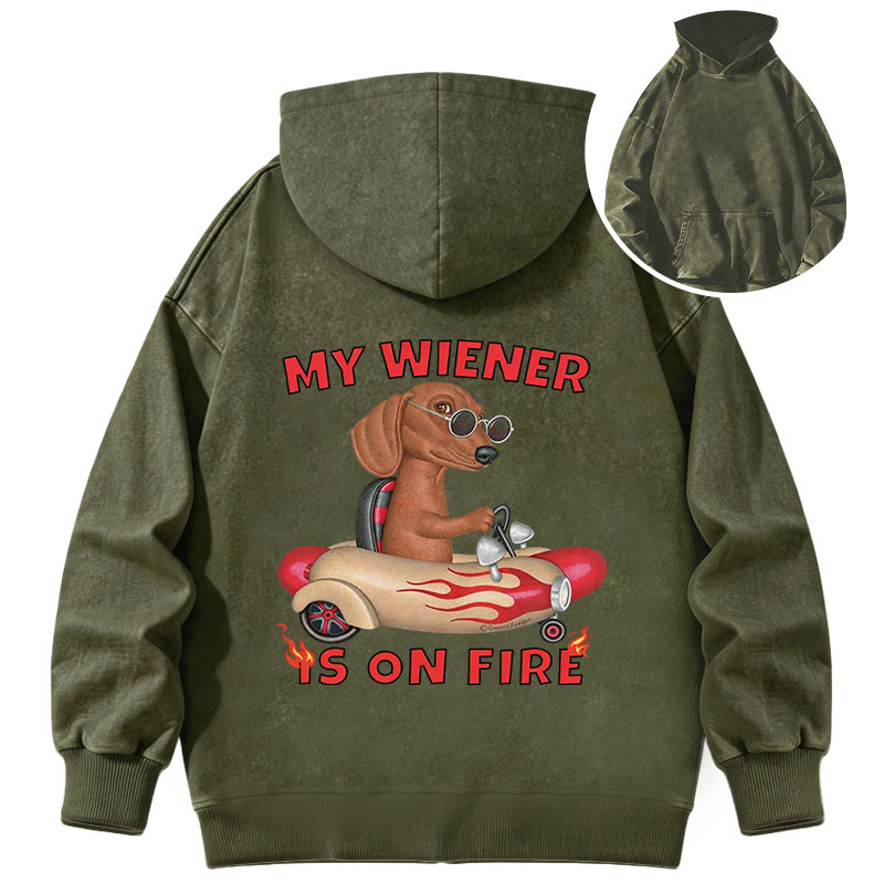 Tokyocanvas My Wiener Is On Fire Funny Dog Washed Hoodie