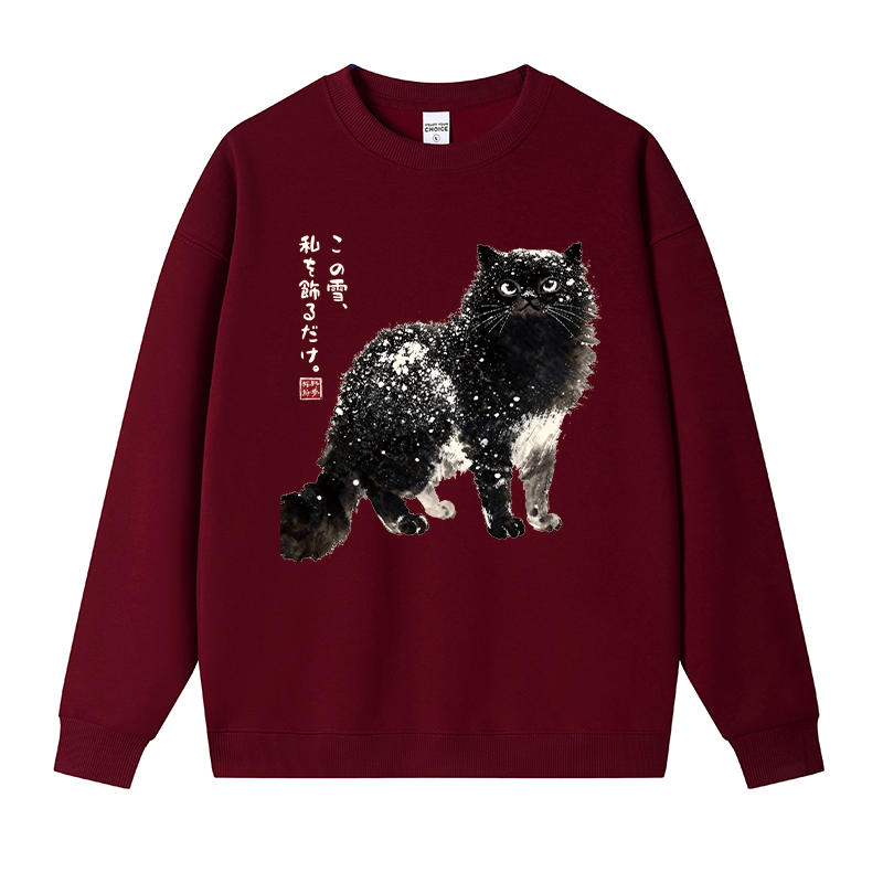 Tokyocanvas Black Cat Adorned by Snow Fleece Lined Sweatshirt