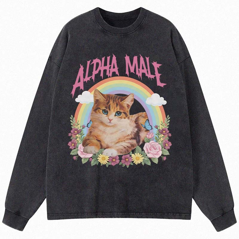 Tokyocanvas Alpha Male Funny Kitten Meme Long Sleeve Washed T-Shirt