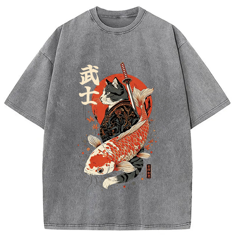 Tokyocanvas Samurai Cat And Koi Washed T-Shirt