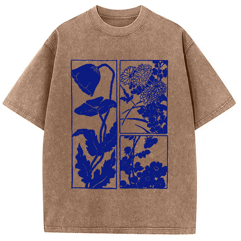 Tokyocanvas Woodcut Flowers Washed T-Shirt