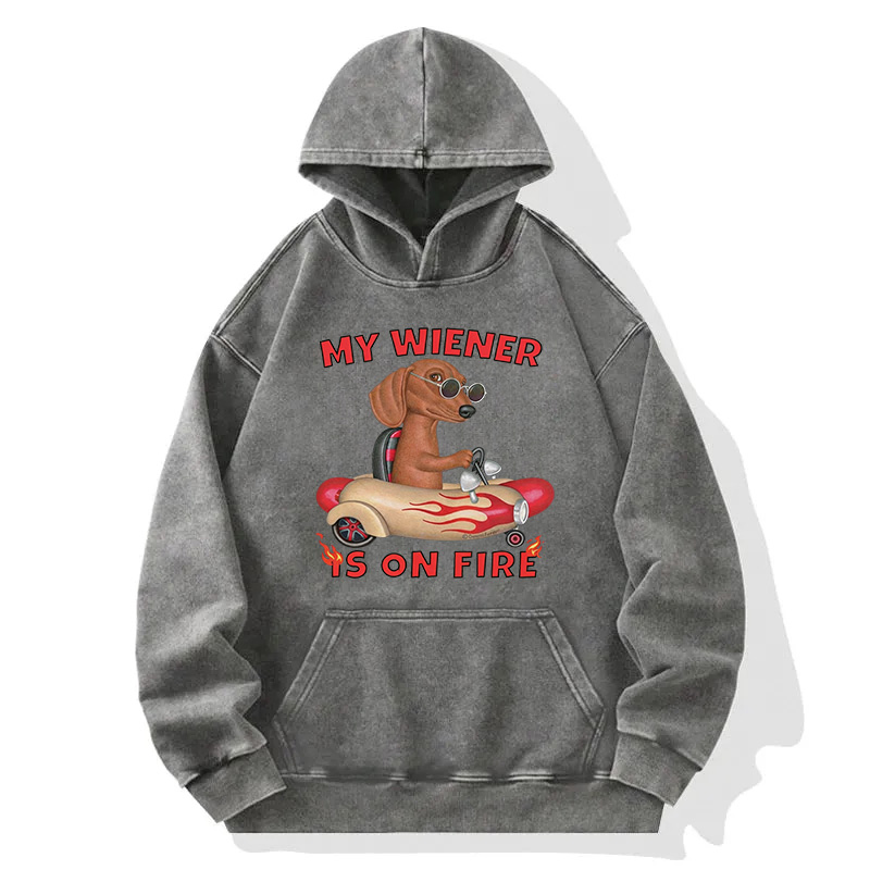 Tokyocanvas My Wiener Is On Fire Funny Dog Washed Hoodie