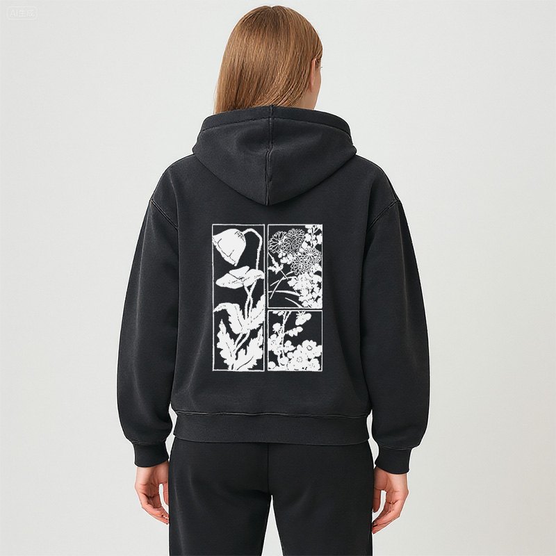 Tokyocanvas Woodcut Flowers Washed Zip Hoodie