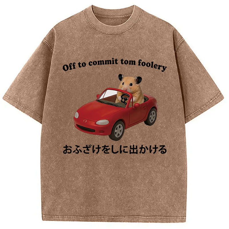 Tokyocanvas Off to Commit Tom Foolery Hamster Funny Washed T-Shirt