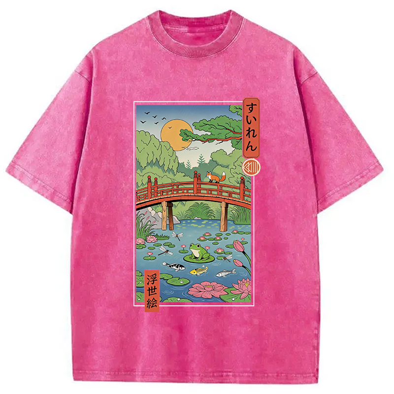 Tokyocanvas Water Lilies Ukiyo-e Washed T-Shirt