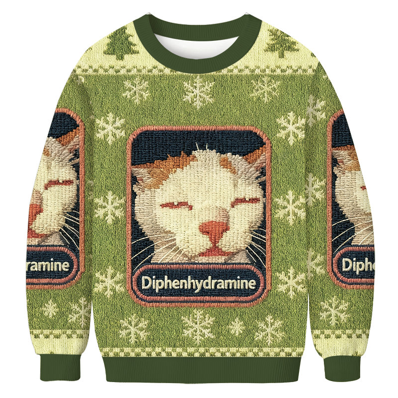 Tokyocanvas Green Drowsy Cat Meme Christmas Ugly Sweatshirt