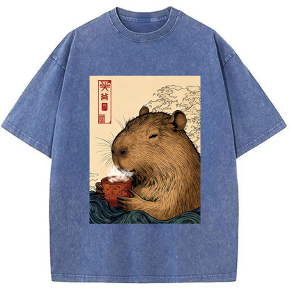 Tokyocanvas Capybara with Morning Tea Washed T-Shirt