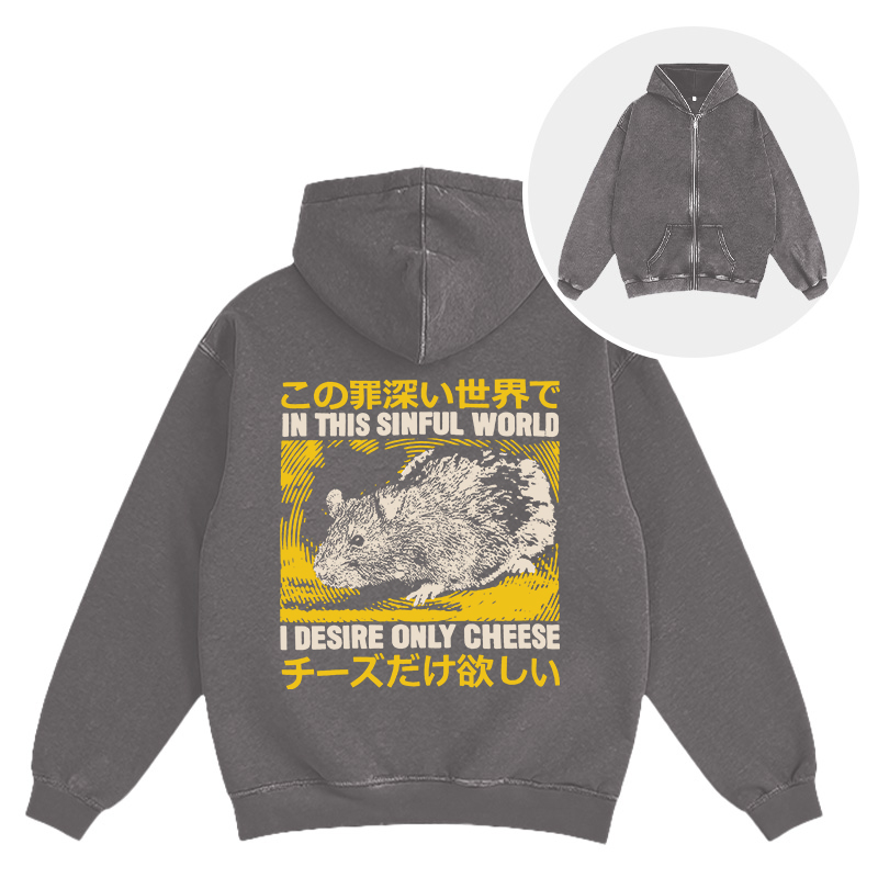 Tokyocanvas In this Sinful Word I Desire Only Cheese Washed Zip Hoodie