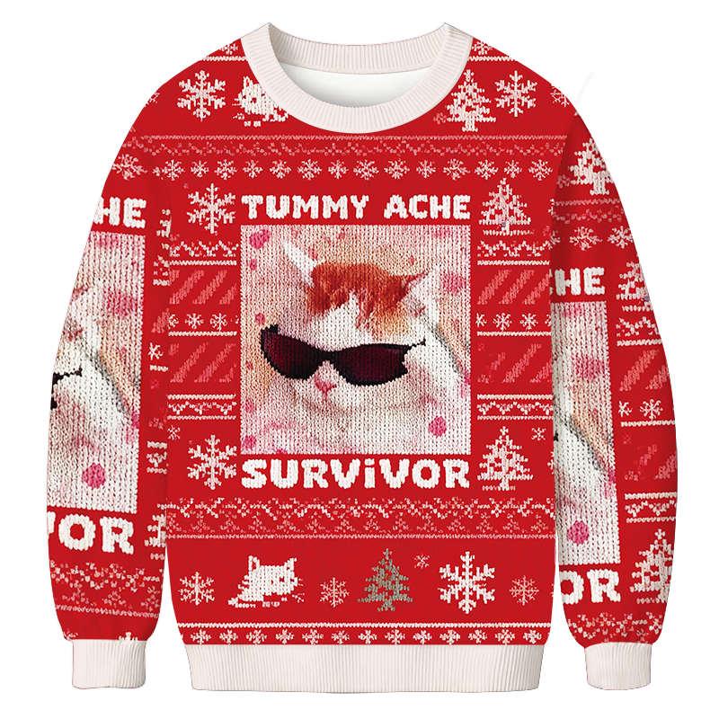 Tokyocanvas Tummy Ache Survivor Funny Cat Meme Christmas Ugly Sweatshirt
