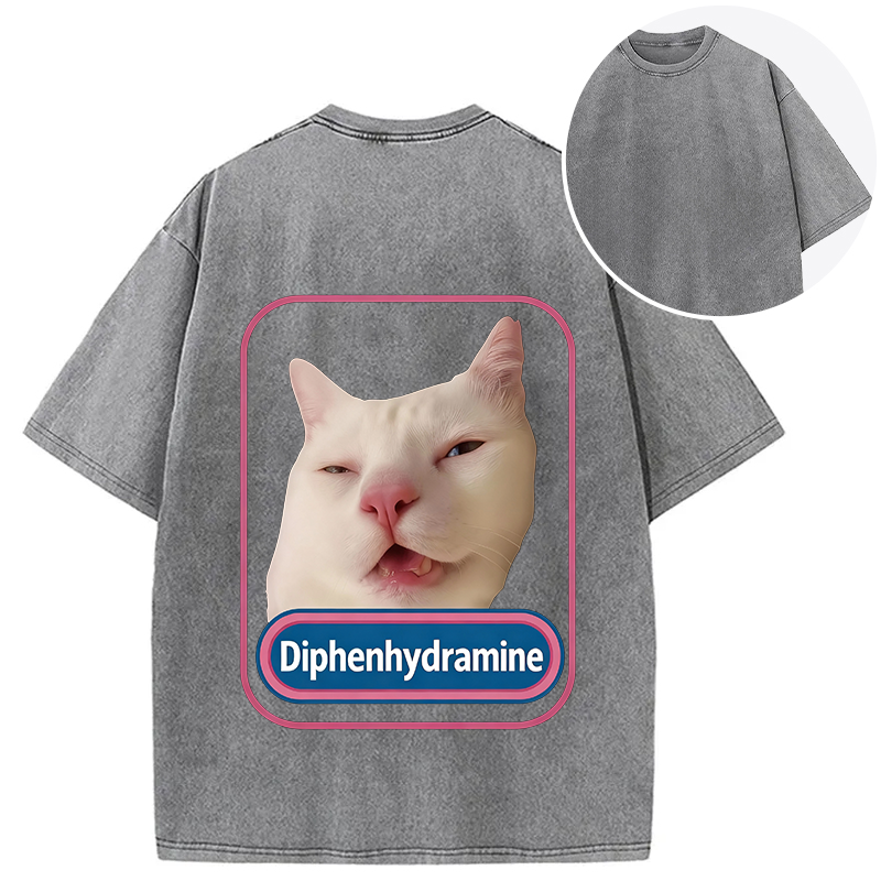 Tokyocanvas Funny Diphenhydramine Meme Cat Back Washed T-Shirt