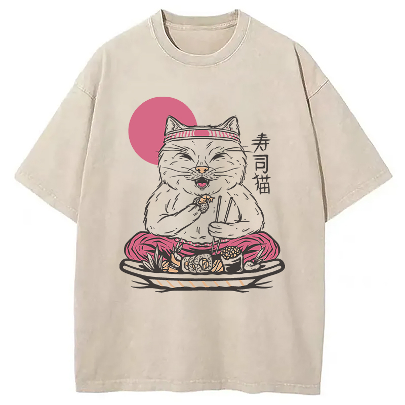 Tokyocanvas Cute Sushi Cat Eating Washed T-Shirt