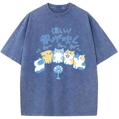 Tokyocanvas Cooling From The Heat Funny Dog And Cat Washed T-Shirt