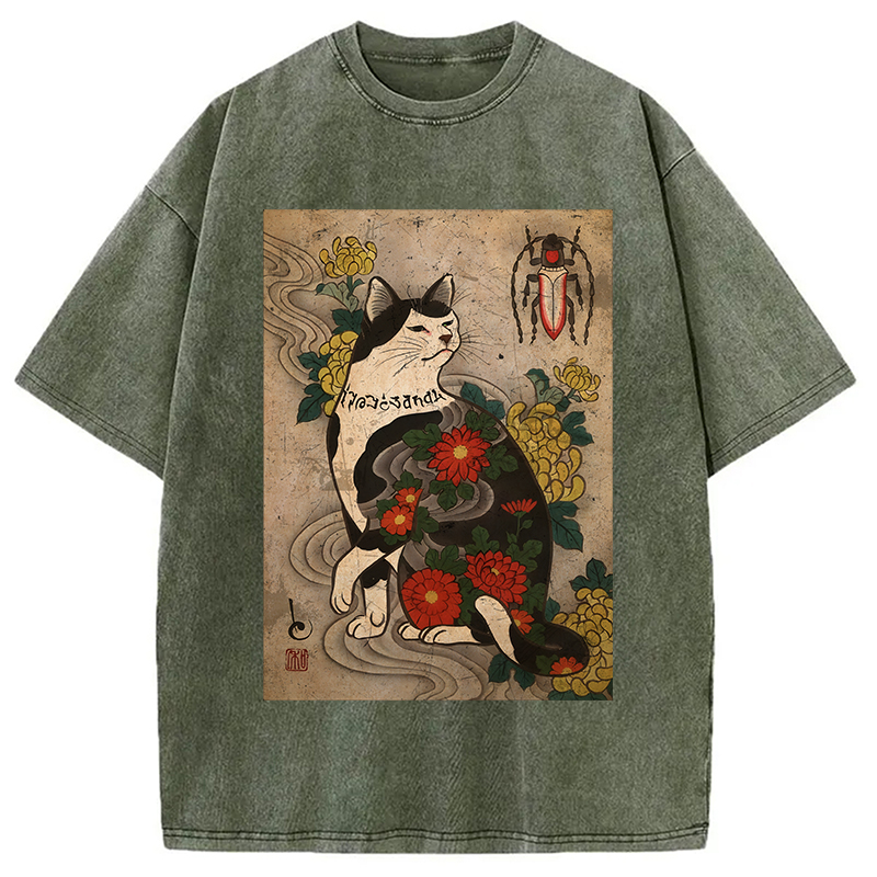 Tokyocanvas Cat Tattoo Floral Washed T-Shirt