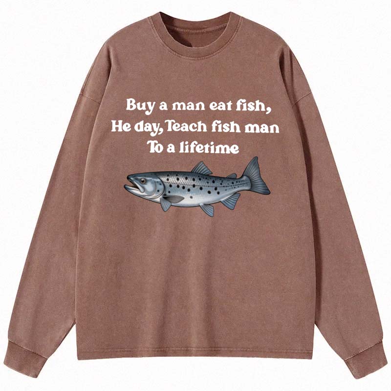 Tokyocanvas Buy A Man Eat Fsh Long Sleeve Washed T-Shirt