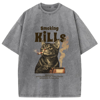 Tokyocanvas Smoking Mills Cat Meme Washed T-Shirt