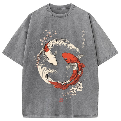 Tokyocanvas Koi Fish Cherry Blossoms Japanese Washed T-Shirt