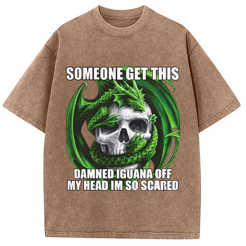 Tokyocanvas	 Someone Get This Damned Iguana Off My Head Im So Scared DTG Printing Washed T-Shirt