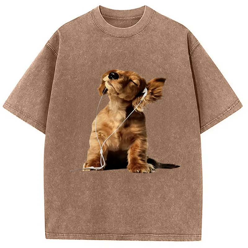 Tokyocanvas Dog Listening to Music Washed T-Shirt