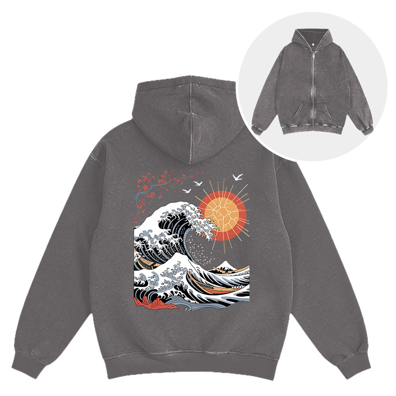 Tokyocanvas Ocean Sun Cherry Blossom Washed Zip Hoodie