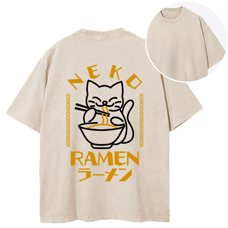 Tokyocanvas Cat Obsessed With Ramen Back Washed T-Shirt