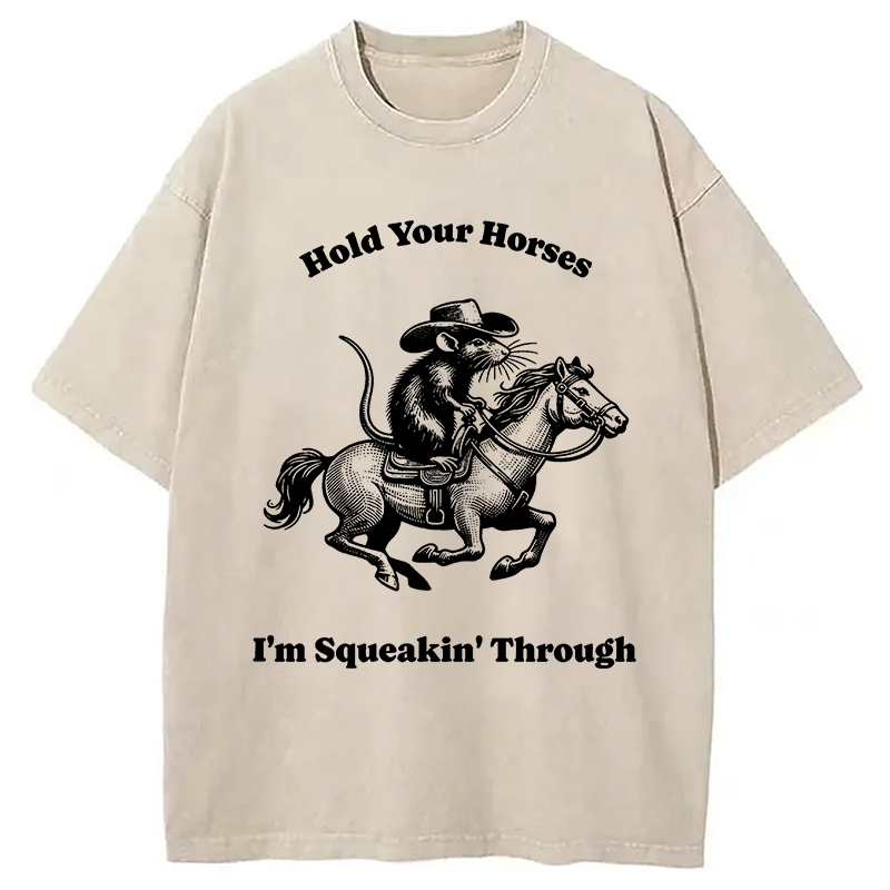 Tokyocanvas Hold Your Horse Funny Cowboy Rat Washed T-Shirt