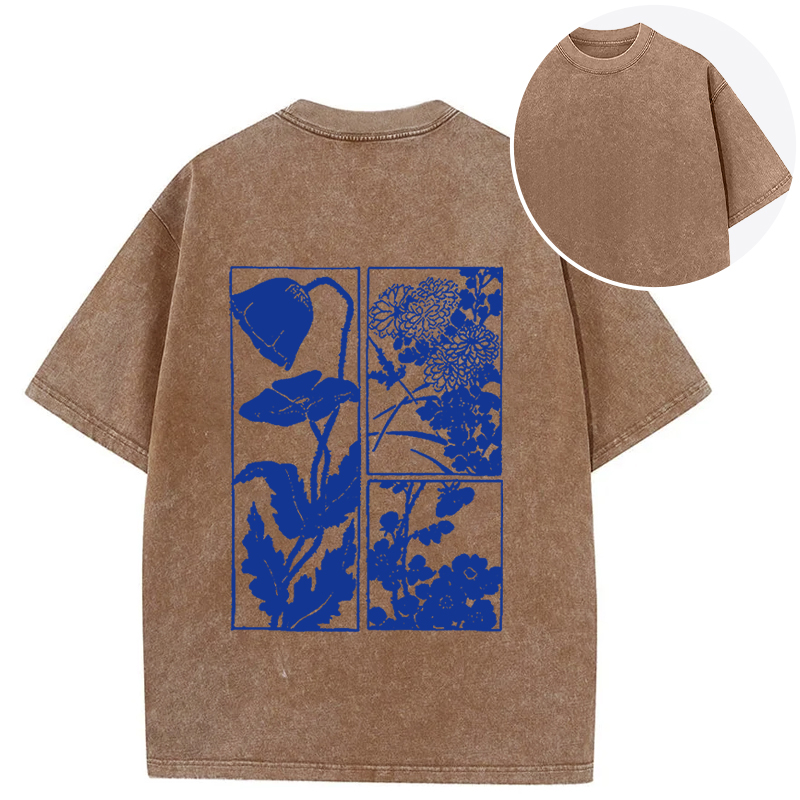 Tokyocanvas Woodcut Flowers Back Washed T-Shirt