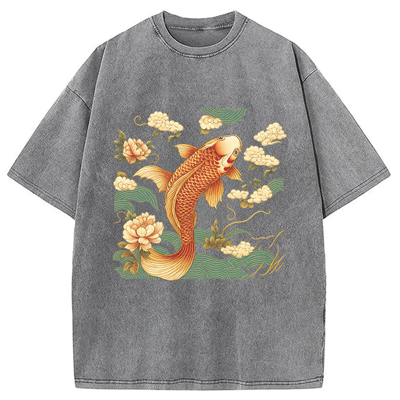 Tokyocanvas Cozy Vintage Japanese Koi Fish Washed T-Shirt