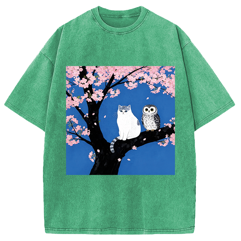Tokyocanvas Cat And Owl Under Sakura Washed T-Shirt