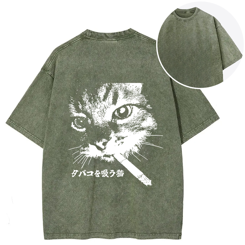 Tokyocanvas Retro Cat Smoking Back Washed T-Shirt